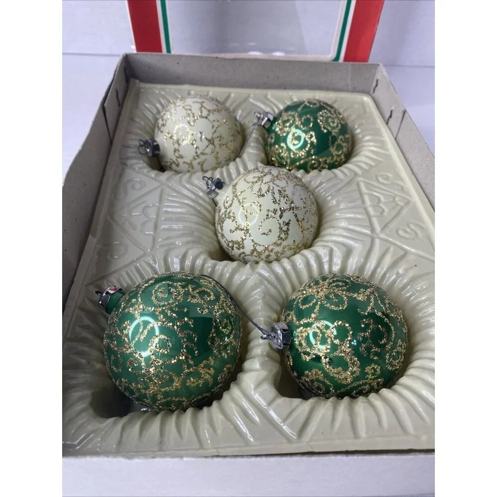 Vintage Commodore Mfg Christmas Ornaments Bulbs Original Box Romania Green White